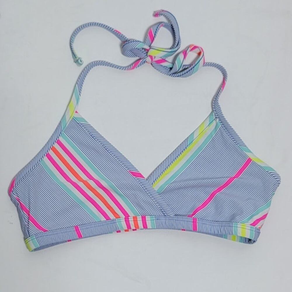 Vineyard Vines Girls' Beachy Stripe Halter Bikini Top Breaker Blue Small